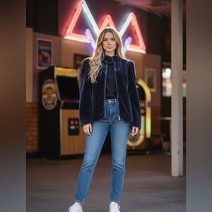 VTG 80s Jordache Faux Fur Teddy Jacket Dark Blue Womens Sz 9/10 M Glam Royal